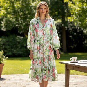 Tommy Bahama Daybreak Hibiscus Midi Dress Sz L Puff Sleeve Embroidered Linen New